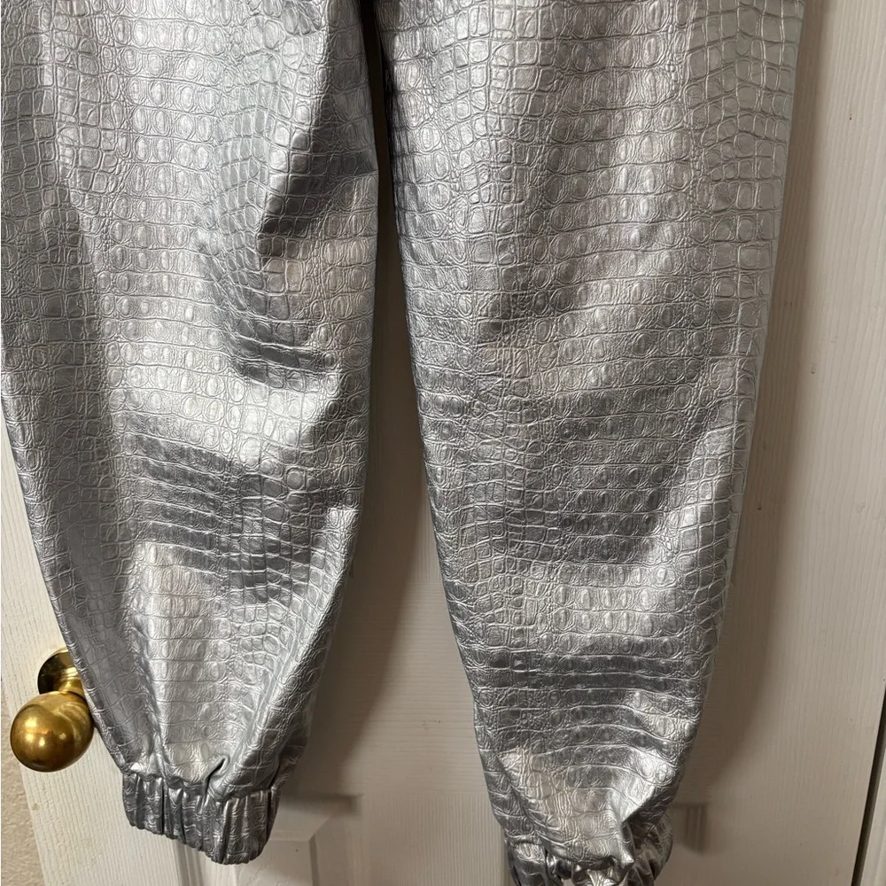 NAKED WARDROBE The Crocodile Faux Leather Joggers Metallic Silver Size Small NWT - Picture 10 of 13